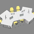 Modern White Polygonal Office Desk With Yellow Chairs And Computer Monitors