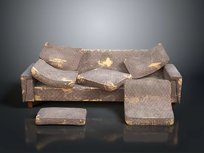 Worn Out Sofa With Two Small Cushions And Distressed Fabric Details 3d model