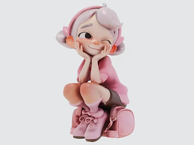 Cute Pink Girl Ornamental Figurine Set with Headphones and Backpack Decoration 3d model
