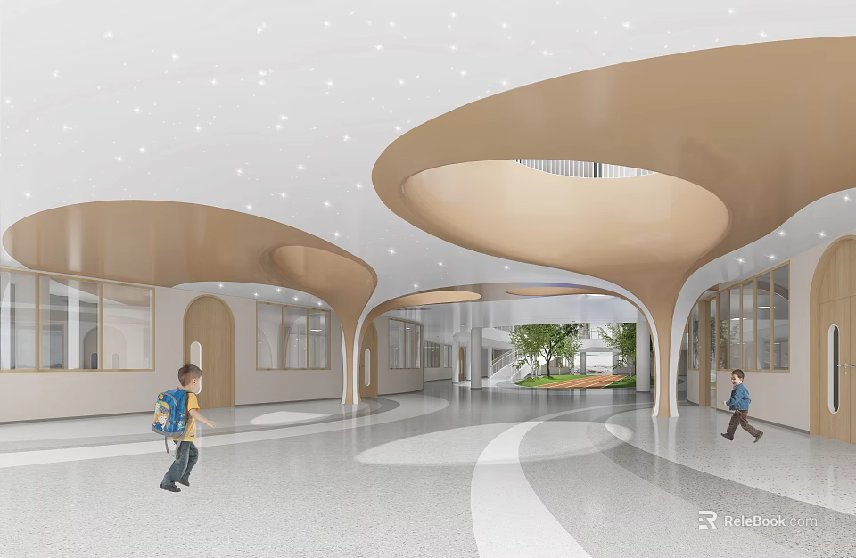 School Hall Interior With Curved Structures And Students 3d model 