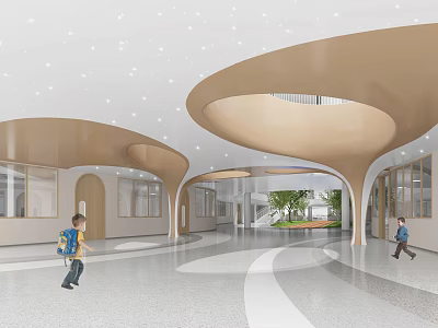 School Hall Interior With Curved Structures And Students 3d model