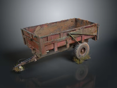 Construction Site Old Rusty Red Trailer With Large Wheels And Weathered Surface 3d model
