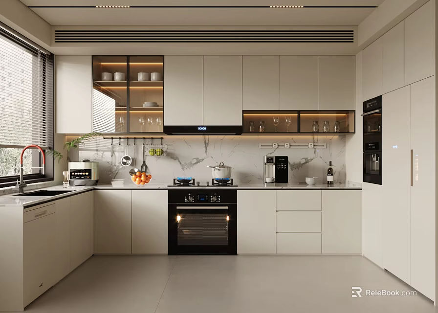 Modern Kitchen Interior Design With White Cabinets Black Stove Oven And Countertop 3d model 