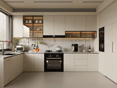 Modern Kitchen Interior Design With White Cabinets Black Stove Oven And Countertop 3d model