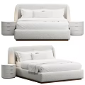 Modern Double Bed with Upholstered Headboard White Bedding and Matching Nightstand