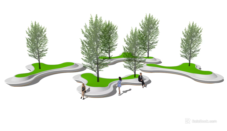 Landscaped Curved Tree Pits With Green Lawn And Trees For People Sitting And Walking 3d model 