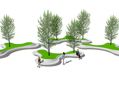 Landscaped Curved Tree Pits With Green Lawn And Trees For People Sitting And Walking 3d model