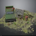 Miniature Rustic Scene With Green Truck Small Cabin Guitar And Red Bucket On Grass