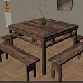 Traditional Solid Wood Dining Table With Benches Vase Decoration And Chinese Calligraphy Art