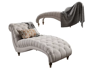 Light Gray Tufted Velvet Chaise Lounge with Wooden Legs Decorative Pillow and Soft Blanket 3d model