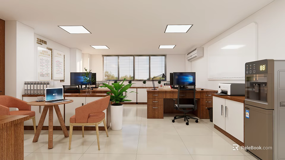 Public Office Space With Open Layout Desks Computers Green Plants And Windows 3d model