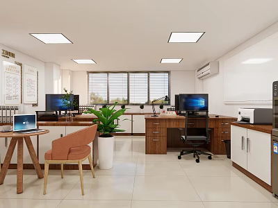 Public Office Space With Open Layout Desks Computers Green Plants And Windows 3d model