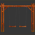 Red Wooden Outdoor Swing Set With Double Seats And Hanging Ropes Frame