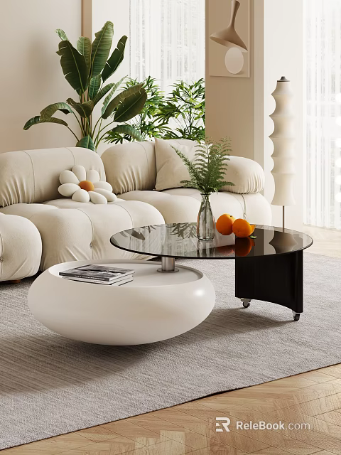 Modern Beige Sofa And Coffee Table Set With Curved Design Flower Cushions And Green Plants 3d model 