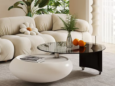 Modern Beige Sofa And Coffee Table Set With Curved Design Flower Cushions And Green Plants 3d model