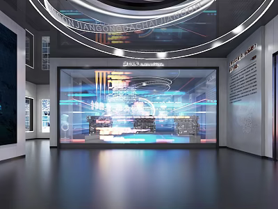 Modern Tech Exhibition Hall With Futuristic Holographic Projections And Interactive Screens 3d model