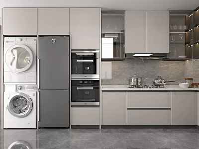Modern Kitchen Interior With Cabinets Appliances Refrigerator Oven Washing Machine And Countertop 3d model