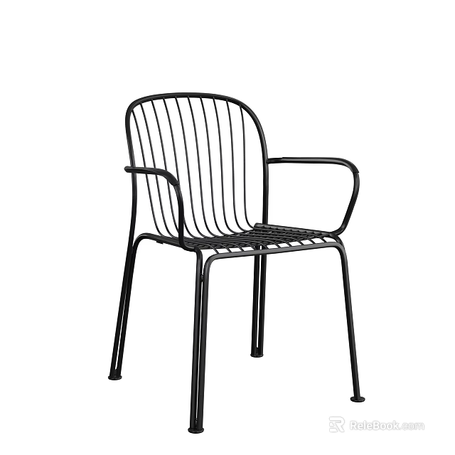 Sleek Black Metal Leisure Chair With Modern Slatted Design And Armrests 3d model 