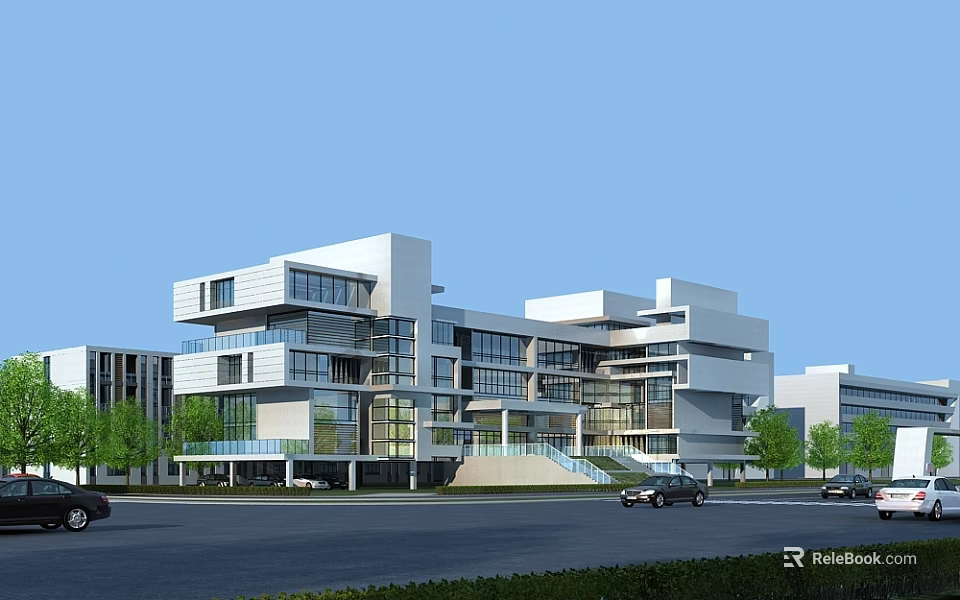 Modern Office Building With White Facade Glass Windows And Green Surroundings 3d model 