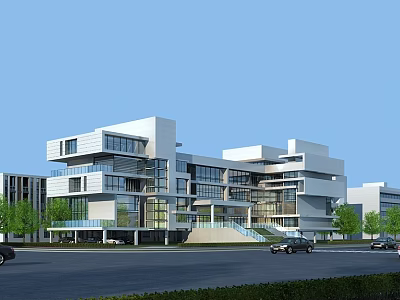 Modern Office Building With White Facade Glass Windows And Green Surroundings 3d model