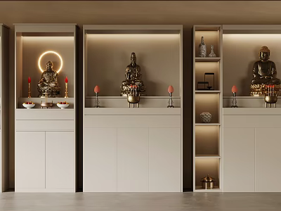Modern Buddha Shrine Cabinets With Statues Candles And Recessed Lighting 3d model