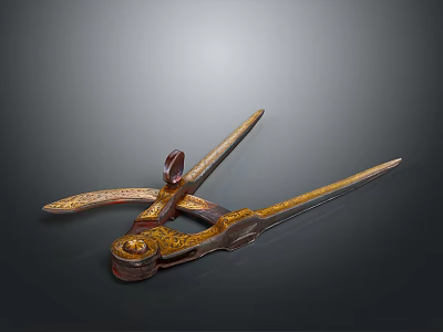Vintage Ornate Metal Tool Featuring Golden Decoration And Intricate Carved Patterns 3d model