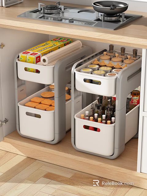 Modern Kitchen Storage Organizer With Neatly Arranged Spice Bottles And Containers 3d model 