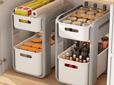 Modern Kitchen Storage Organizer With Neatly Arranged Spice Bottles And Containers 3d model