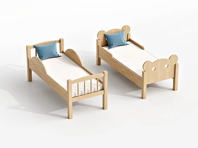 Two Wooden Kids Beds With Blue Pillows White Mattress And Curved Headboards 3d model