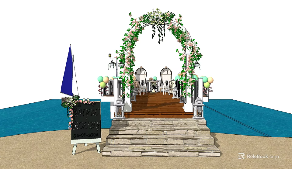 Event Entrance Arch Decorated With Greenery White Flowers Stone Steps Chalkboard Sign And Colorful Balloons 3d model 