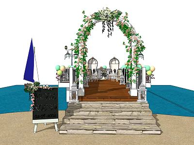 Event Entrance Arch Decorated With Greenery White Flowers Stone Steps Chalkboard Sign And Colorful Balloons 3d model