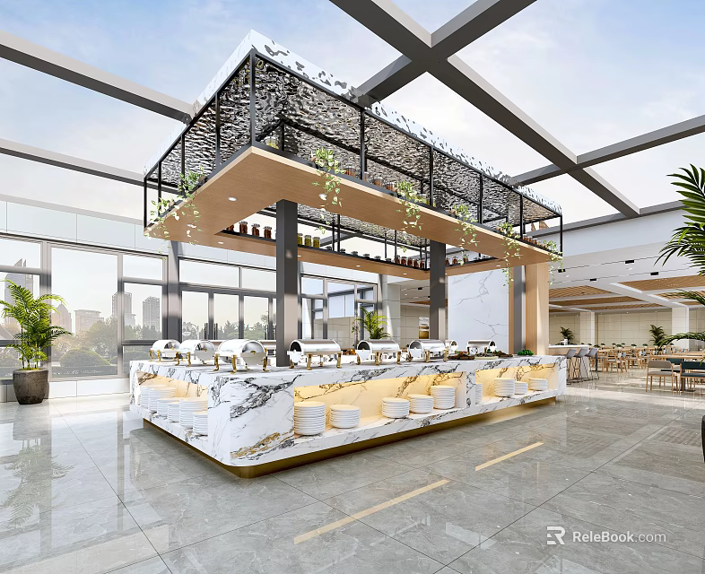 Modern Industrial Restaurant Interior With Open Layout Marble Bar Hanging Green Plants And Natural Light 3d model 