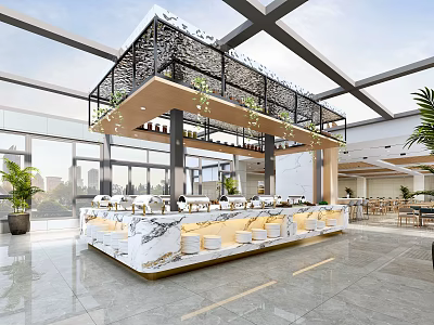 Modern Industrial Restaurant Interior With Open Layout Marble Bar Hanging Green Plants And Natural Light 3d model
