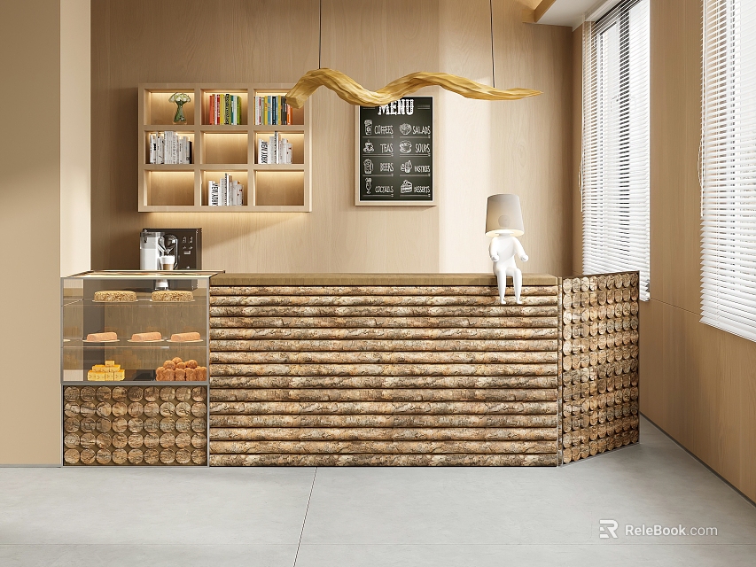 Wooden Reception Desk with Bookshelf Display Cabinet Pastries Menu Board Pendant Light and Window Blinds 3d model 
