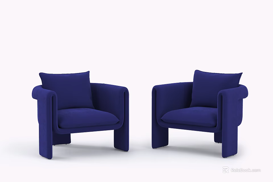 Pair Of Modern Blue Single Sofas With Armrests And Soft Cushions 3d model