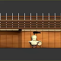 Small Cat Doll On Wooden Platform With Glass Partition And Metal Railing