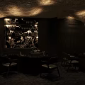 Dark Elegant Bar Interior With Chandelier Illuminated Wine Shelves Glassware And Marble Decor Accents