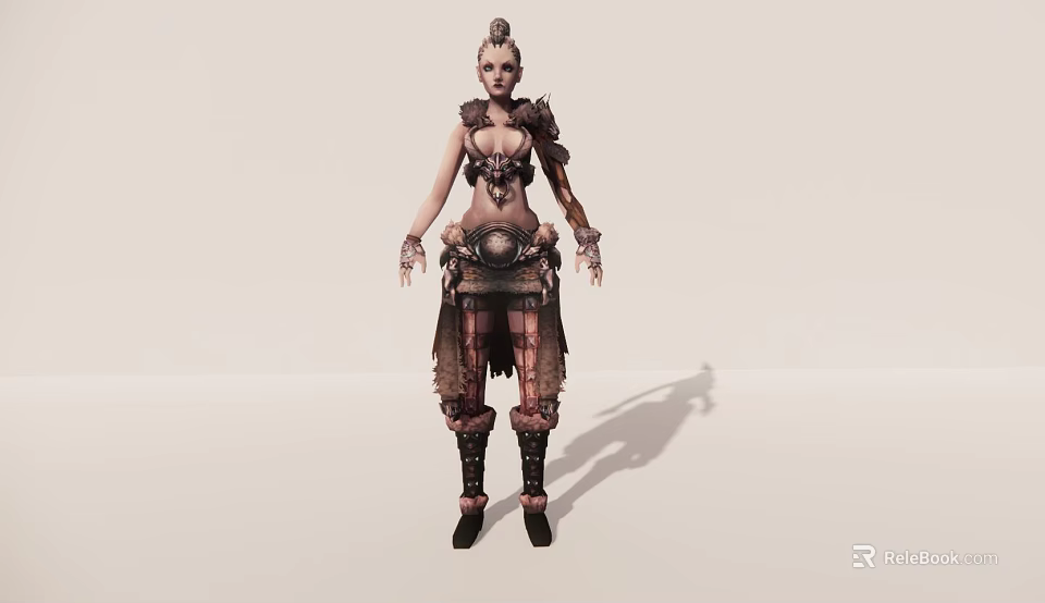 Fierce Female Game Movie Character With Leather Armor Intricate Hair And Decorative Accessories 3d model 