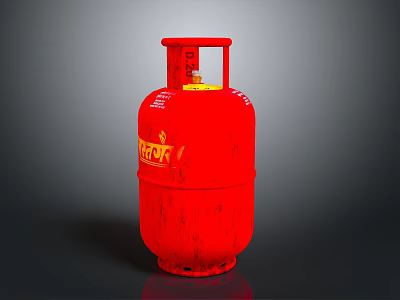 Red Gas Cylinder With RRC Logo And Yellow Valve On Dark Background 3d model