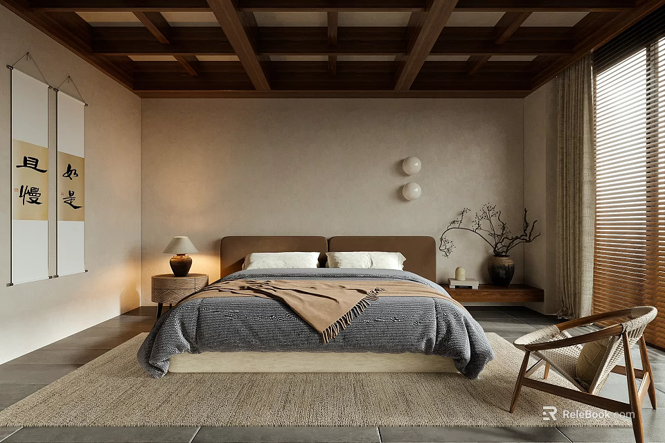 Traditional Style Bedroom With Double Bed Wooden Ceiling Calligraphy Decor And Carpet 3d model 