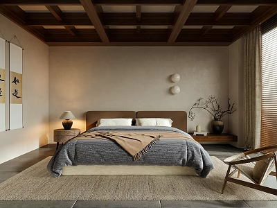 Traditional Style Bedroom With Double Bed Wooden Ceiling Calligraphy Decor And Carpet 3d model