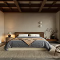 Traditional Style Bedroom With Double Bed Wooden Ceiling Calligraphy Decor And Carpet