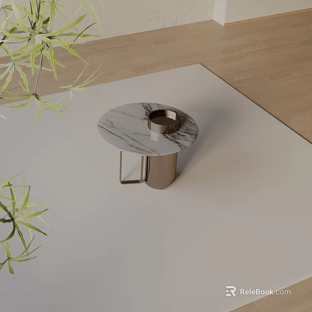 Modern Round Side Table With Marble Top Metal Base And Green Plants On Wooden Floor 3d model 