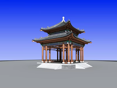Traditional Chinese Pavilion With Multi Tiered Roof Wooden Columns And White Stone Steps 3d model