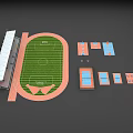 School Building Sports Facilities Layout with Running Track Football Field Stands and Basketball Courts