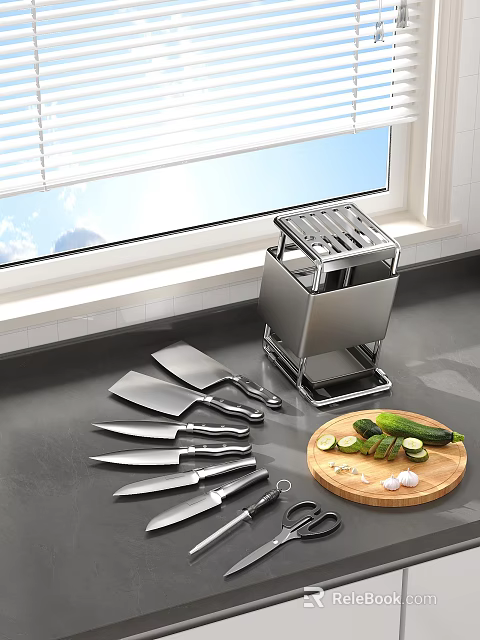 Stainless Steel Knife Block With Knives On Kitchen Countertop Near Cutting Board And Vegetables 3d model 