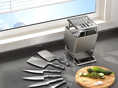 Stainless Steel Knife Block With Knives On Kitchen Countertop Near Cutting Board And Vegetables 3d model