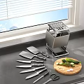 Stainless Steel Knife Block With Knives On Kitchen Countertop Near Cutting Board And Vegetables
