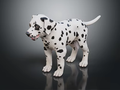 Dalmation Puppy With Black Spots On White Coat Standing On Shiny Black Surface 3d model