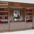 Wooden Bookshelf With Multiple Shelves Red Books Decorative Items Central Painting And Bottom Cabinet Doors